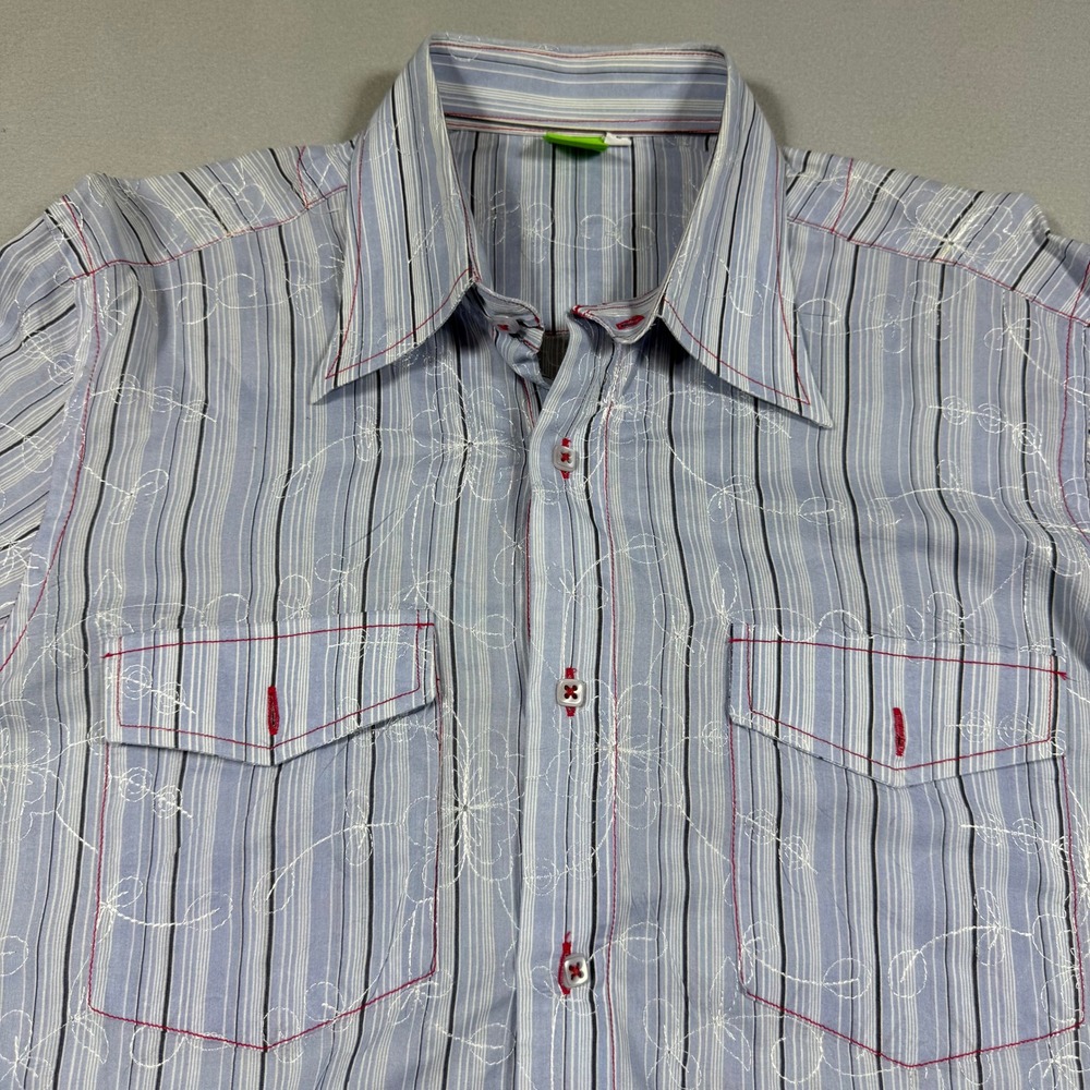 Jon Sonen Mens Blue Striped Floral Embroidered Long Sleeve Button Down Shirt L